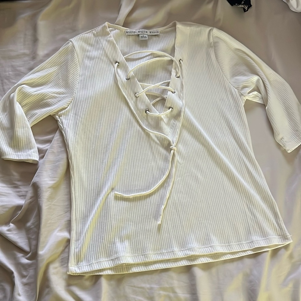 HYFVE ribbed 3/4 sleeve lace up top